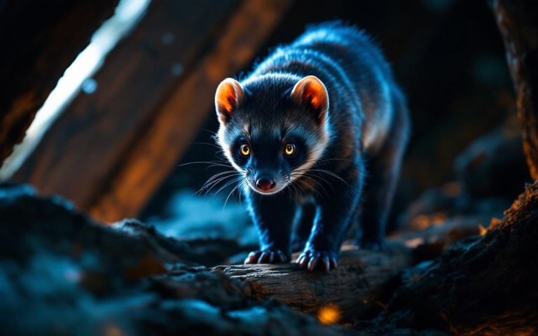 Martre des pierres marchant sur des poutres en bois dans un grenier la nuit, éclairée par des rayons de lune volumétriques qui soulignent la poussière en suspension, fourrure détaillée, yeux réfléchissants, ambiance sombre aux reflets bleus et touches de lumière chaude.