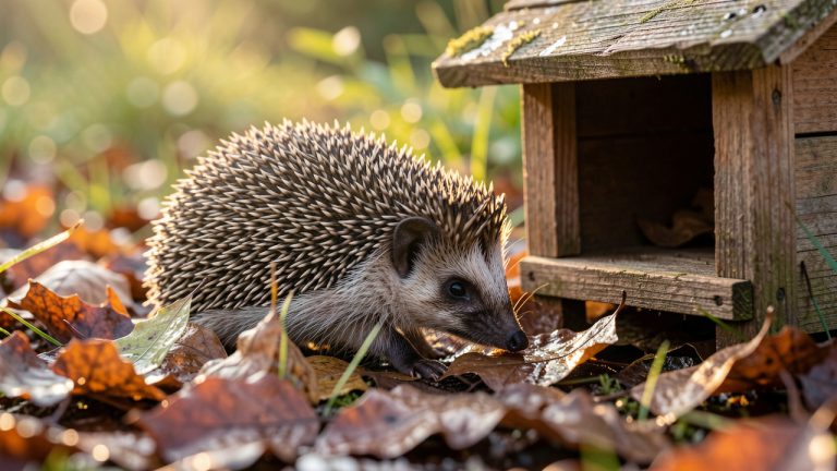 Petit hĂ©risson qui explore un jardin naturel, entre des feuilles et prĂšs dâun abri en bois, dans une ambiance douce et lumineuse.