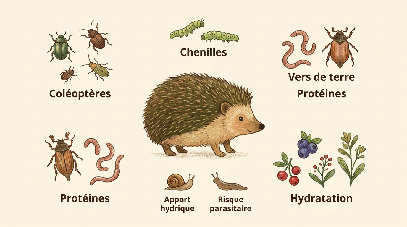 Illustration pédagogique du régime alimentaire naturel du hérisson d'Europe