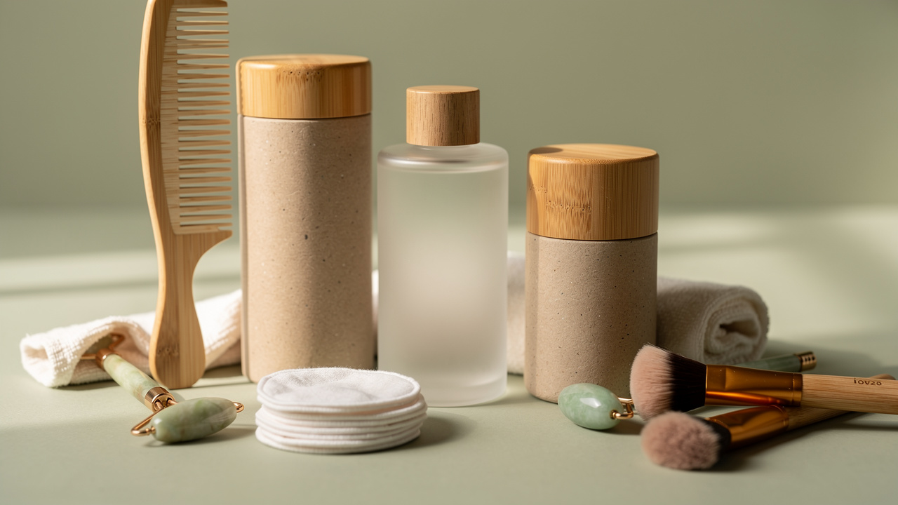 Gros plan sur des emballages de cosmétiques aux matériaux durables, accompagnés d’un peigne en bois, d’un rouleau facial, de cotons et de pinceaux de beauté.