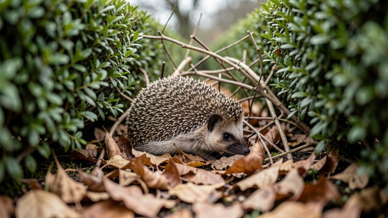 Petit hĂ©risson dans un jardin naturel, entre des haies et des feuilles mortes, prĂšs dâun abri discret sous des branchages.