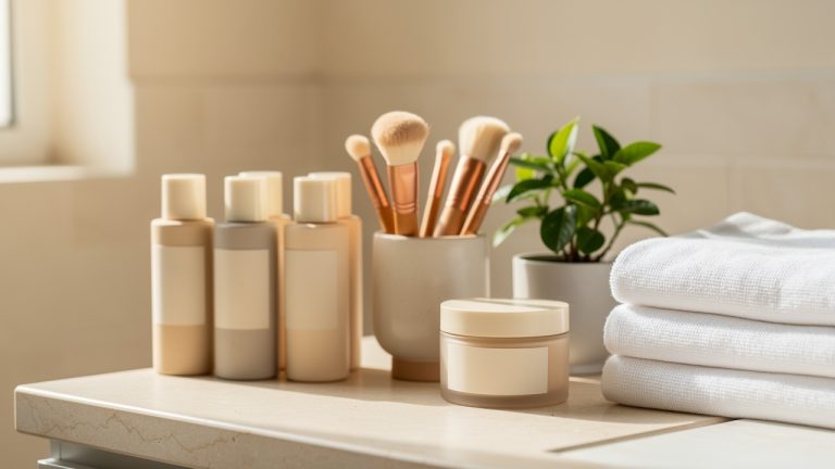 Salle de bains lumineuse et sobre avec soins de la peau, maquillage, pinceaux, serviettes blanches et plante verte.