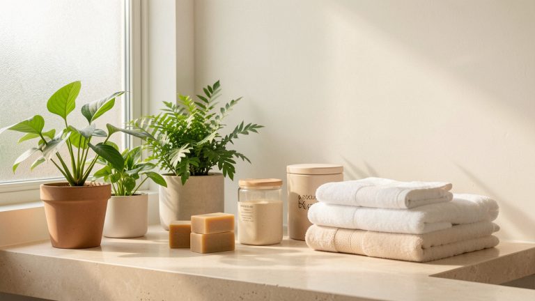 Salle de bain lumineuse et minimaliste avec savons solides, plantes vertes, serviettes en coton pliées et contenants réutilisables.