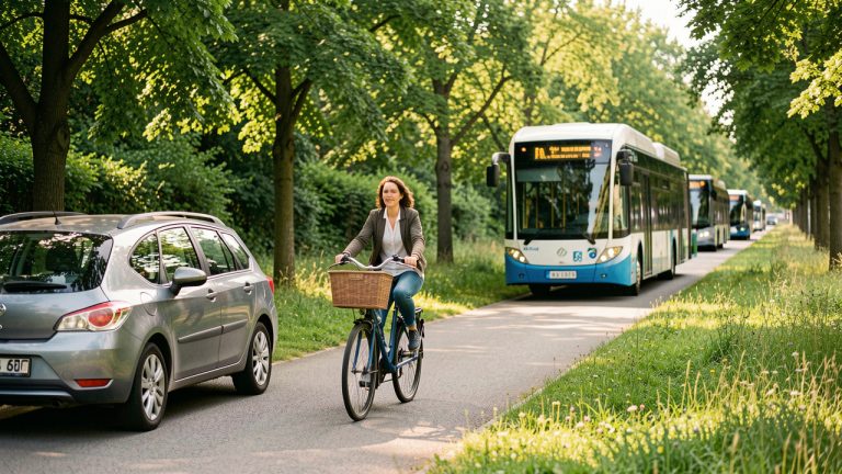 Une femme à vélo circule sur une piste verdoyante près d’une voiture de covoiturage et d’un véhicule de transport urbain, sous une lumière naturelle.