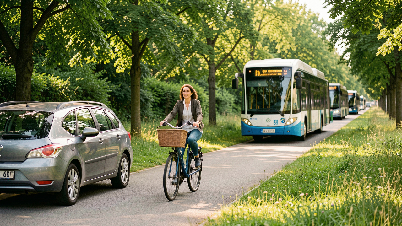 Une femme à vélo circule sur une piste verdoyante près d’une voiture de covoiturage et d’un véhicule de transport urbain, sous une lumière naturelle.