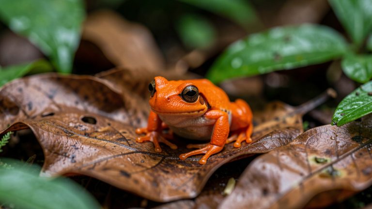 Minuscule grenouille citrouille orange vif posĂ©e sur une litiĂšre de feuilles humides dans la forĂȘt atlantique brĂ©silienne.