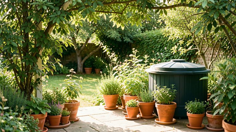 Jardin familial français en Ă©tĂ© avec terrasse ombragĂ©e, rĂ©cupĂ©rateur dâeau fermĂ© et plantes en pots disposĂ©es sur des soucoupes propres et sĂšches.