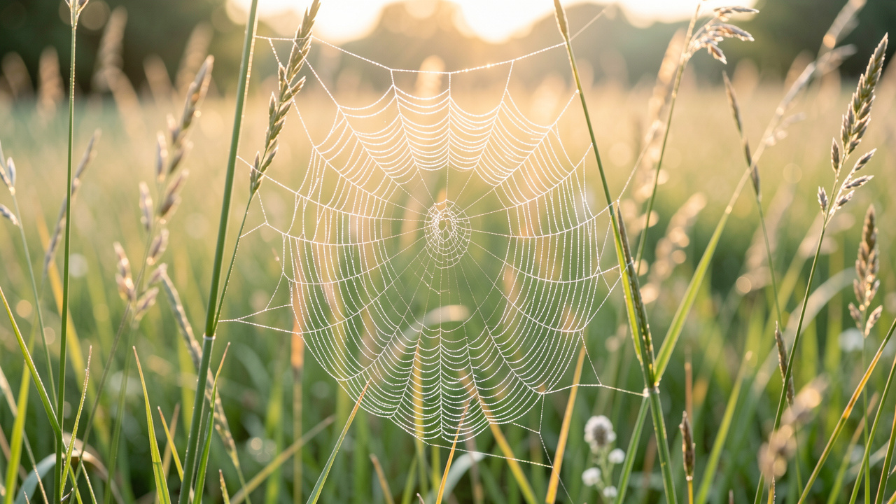 Toile d’araignée orbiculaire couverte de gouttes de rosée entre de hautes herbes, éclairée par la douce lumière de l’aube dans un jardin naturel français.