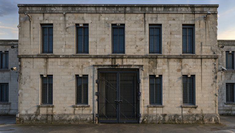 Façade sobre d’une maison d’arrêt française au petit matin, avec murs de pierre, hautes grilles et lumière douce de l’aube, sans personne identifiable.