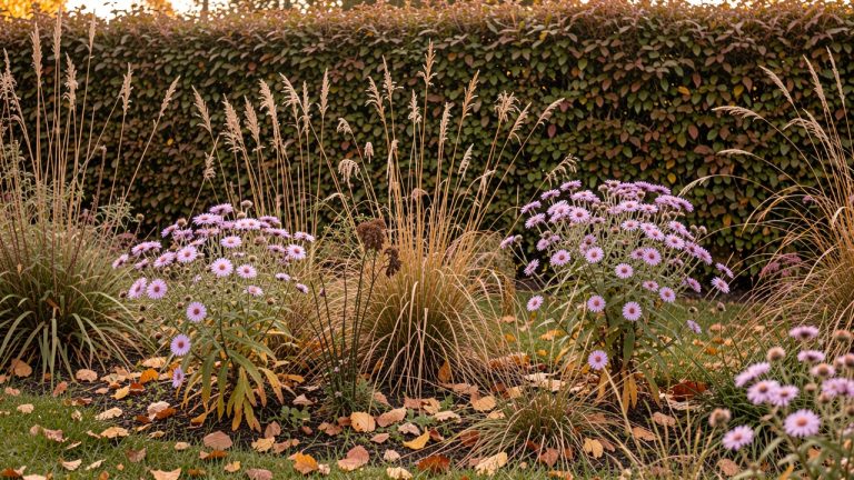 Jardin naturel d’automne avec des asters en fleurs, des tiges sèches de vivaces et des feuilles mortes sous une haie, baignés par une douce lumière d’octobre.