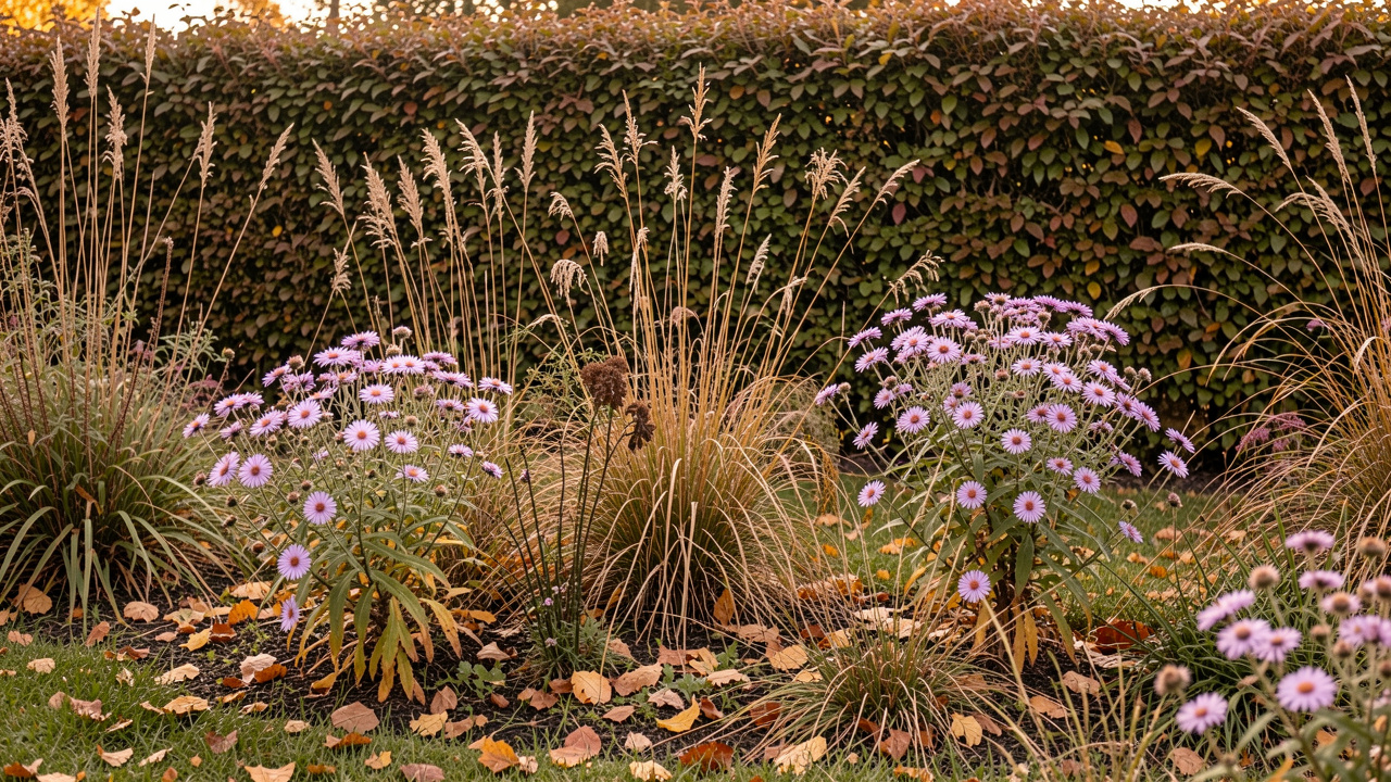 Jardin naturel d’automne avec des asters en fleurs, des tiges sèches de vivaces et des feuilles mortes sous une haie, baignés par une douce lumière d’octobre.