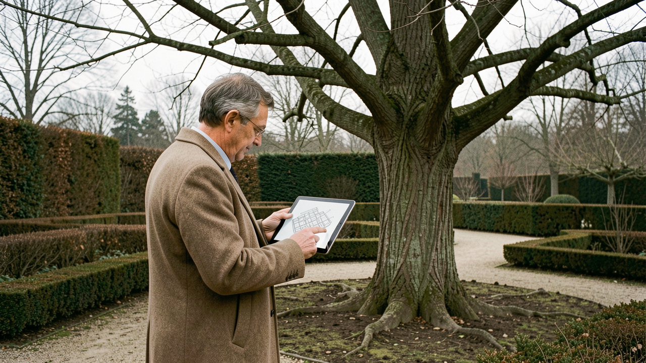 Un homme consulte une tablette près d’un grand arbre dans un jardin français en hiver.
