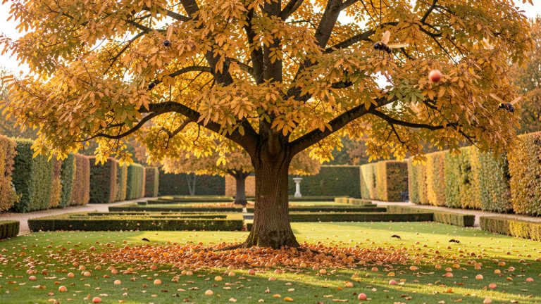 Jardin français en octobre avec un grand arbre feuillu, des fruits tombés au sol et plusieurs frelons asiatiques visibles à distance autour de la cime.
