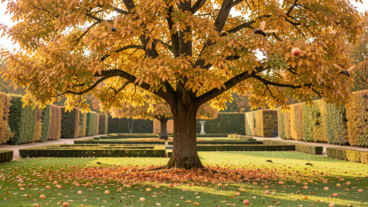 Jardin français en octobre avec un grand arbre feuillu, des fruits tombés au sol et plusieurs frelons asiatiques visibles à distance autour de la cime.