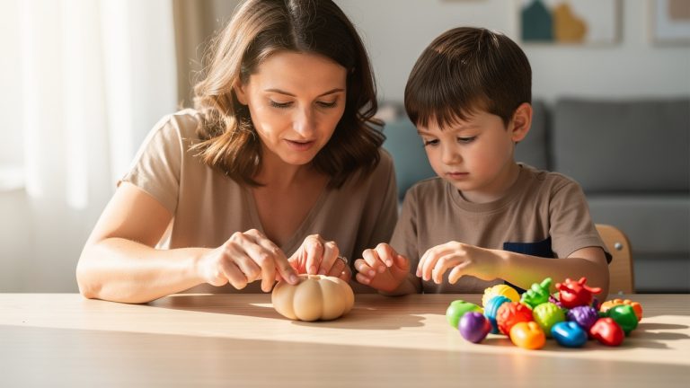 Une mère et son jeune fils comparent un jouet squishy vendu à l’unité avec un petit lot de jouets à presser colorés sur une table en bois clair, éclairés par une lumière naturelle.