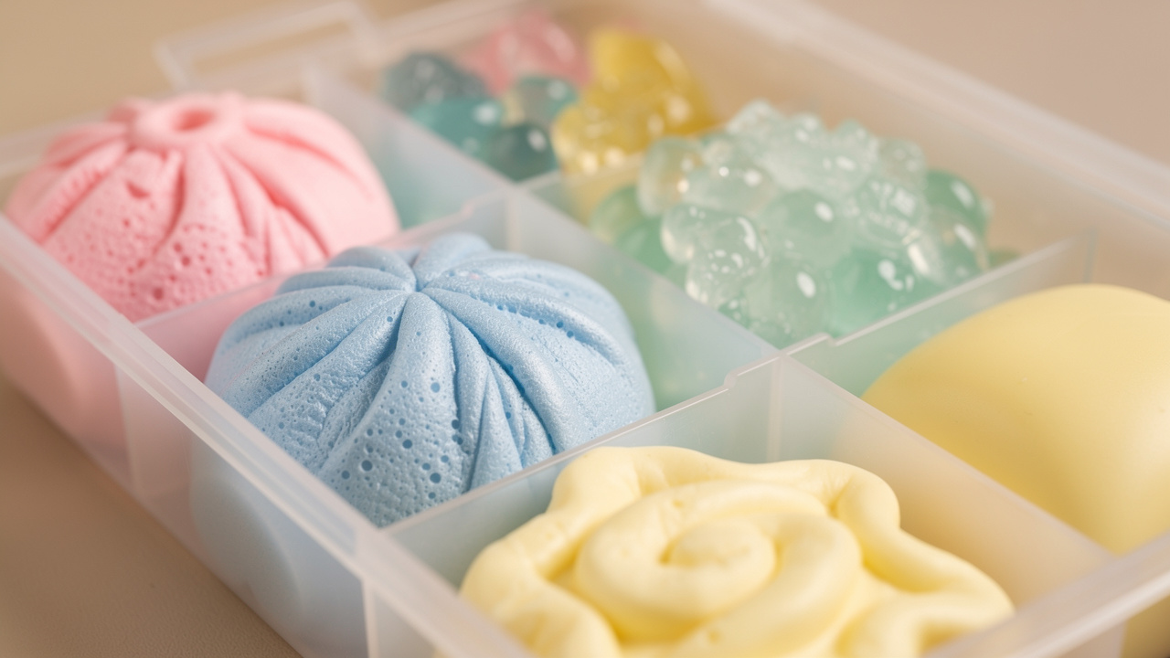 Vue rapprochée de plusieurs squishies colorés aux textures variées, rangés dans les compartiments d’une boîte de rangement pastel.